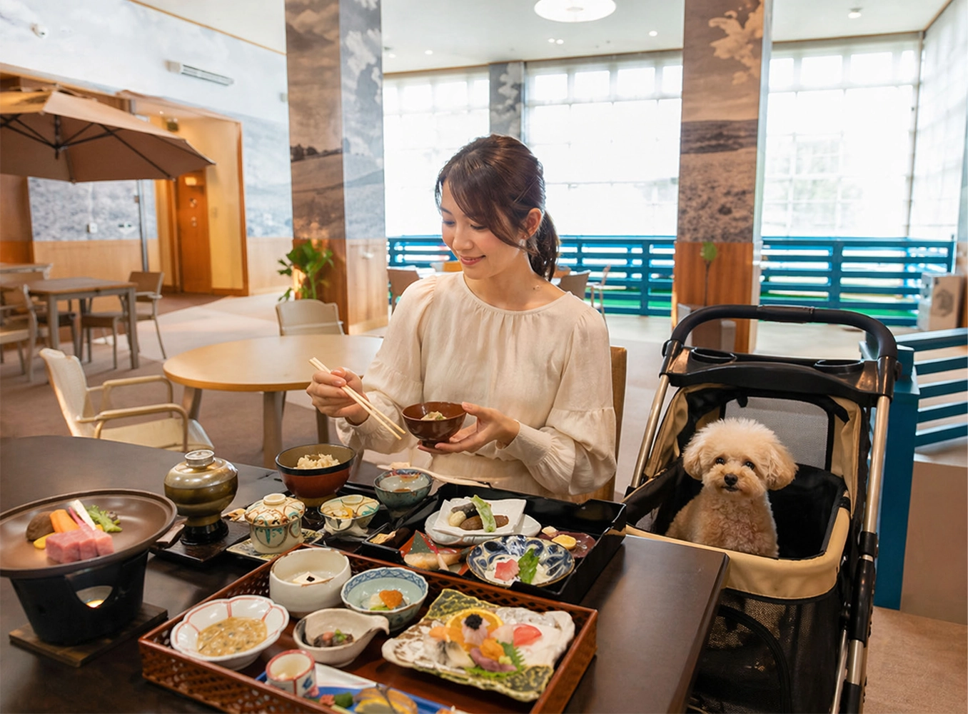 ワンちゃんと一緒に当館自慢のお料理を